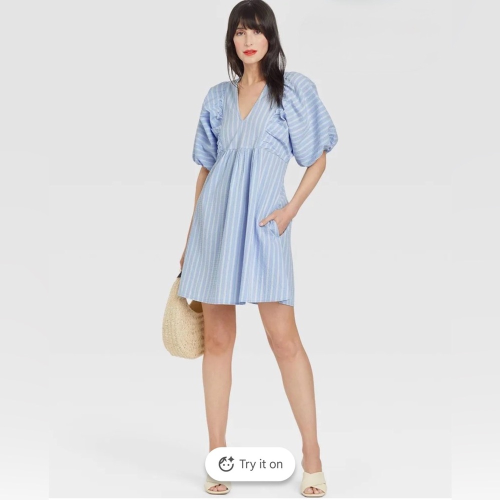 WOW! 5 for $25!! NWT a new day Blue & White Strip Puff Sleeve Dress